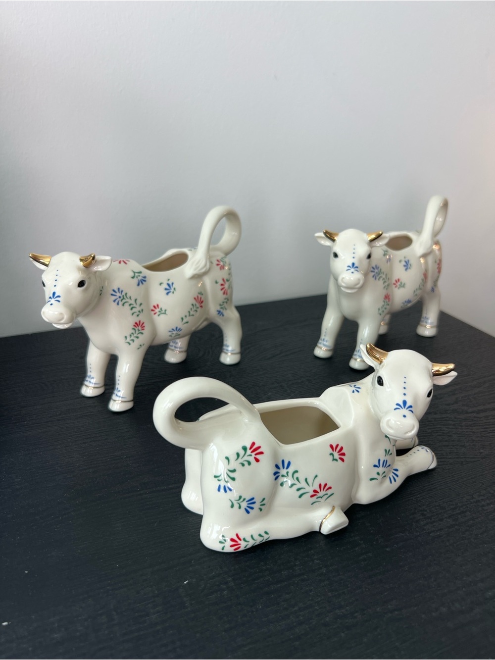 Lenox French Country Cow Creamer Trio with Gold Accents and Floral Motifs